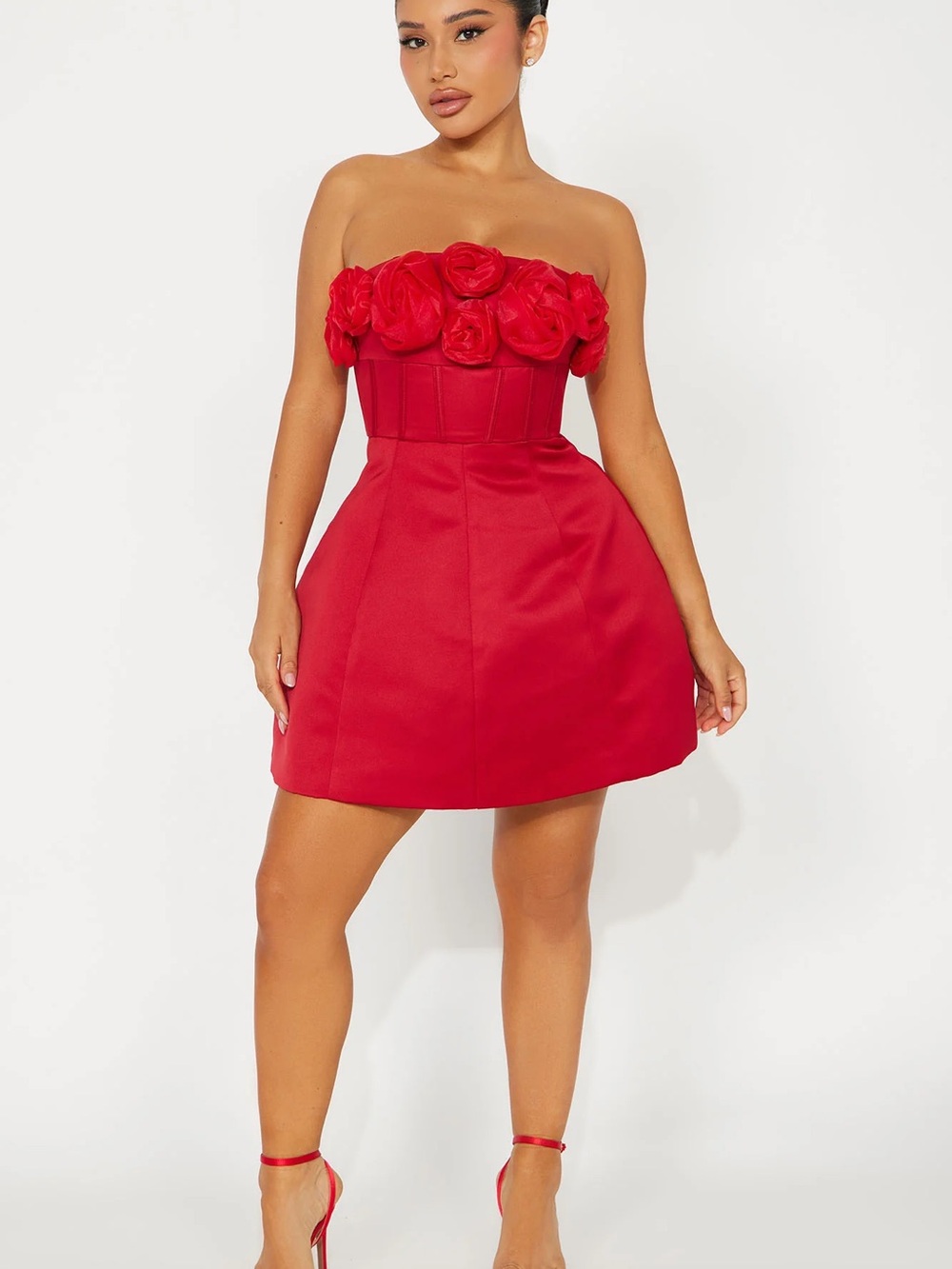 Strapless Red Rose Applique Mini Dress